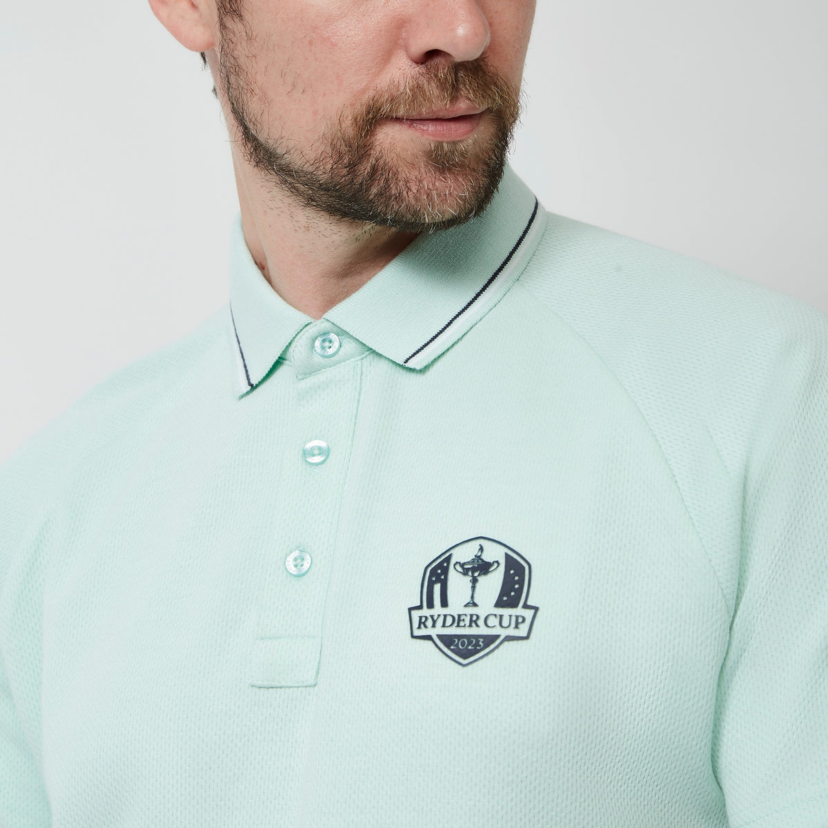 2023 Ryder Cup Men&#39;s Mint Green Polo Shirt - Model Close-up