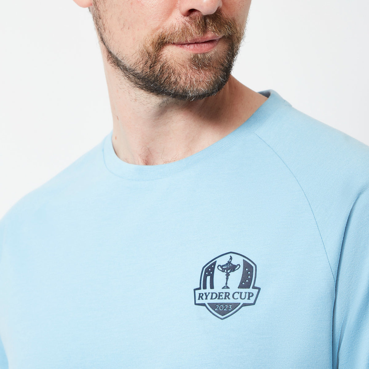 2023 Ryder Cup Men&#39;s Sky Blue T-Shirt - Model Close-up