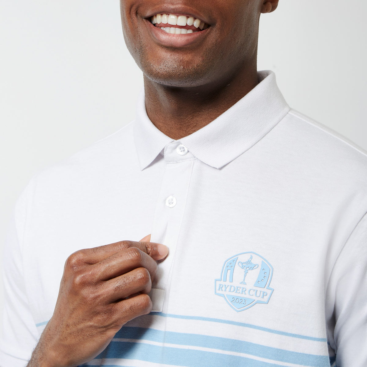 Official 2023 Ryder Cup Men&#39;s White/Sky Stripe Polo - Model Close-up
