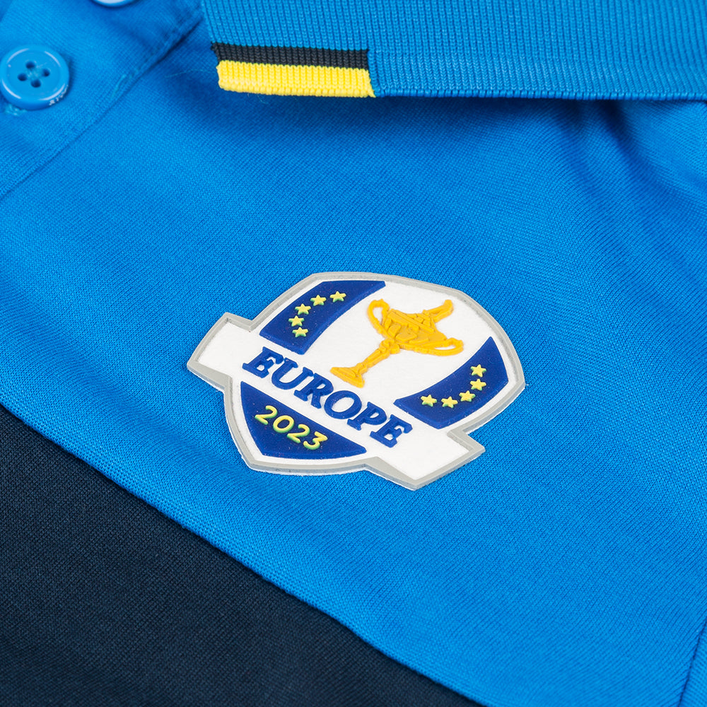 2023 Ryder Cup Official European Fanwear Men&#39;s Royal Blue Tipped Polo Shirt Badge Close-up
