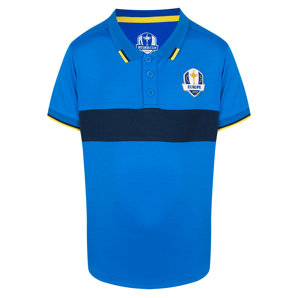 2023 Ryder Cup Official European Fanwear Youth Royal Blue Tipped Polo Shirt Front