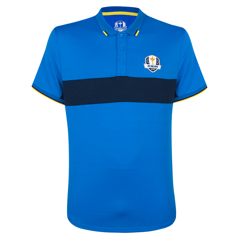 2023 Ryder Cup Official European Fanwear Men&#39;s Royal Blue Tipped Polo Shirt Front