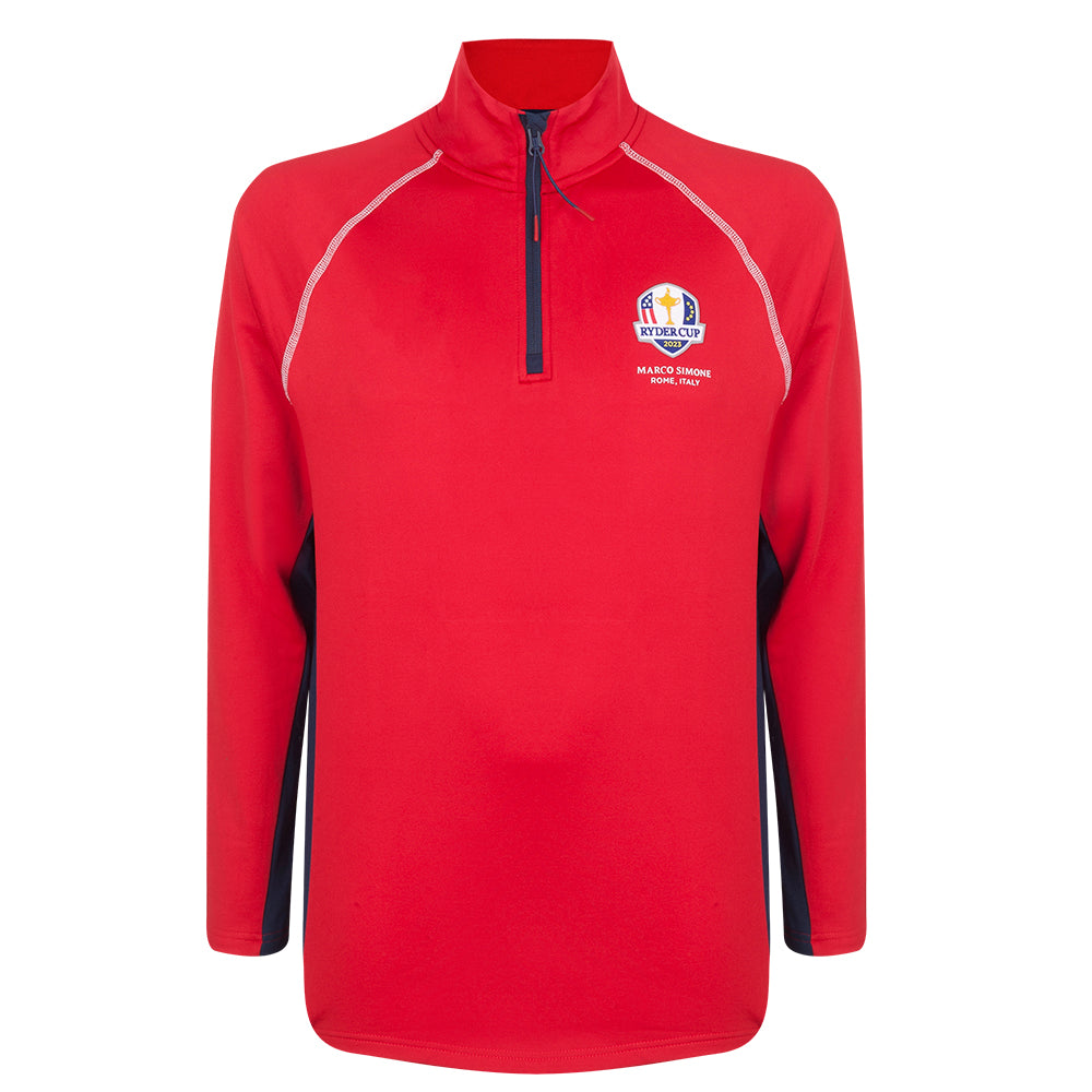 Official 2023 Ryder Cup USA Fanwear Men&#39;s Red 1/4 Zip Mid Layer Front