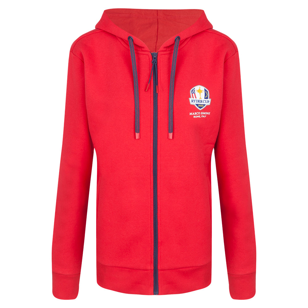 Official 2023 Ryder Cup USA Fanwear Women&#39;s Red Full Zip Hoodie Front