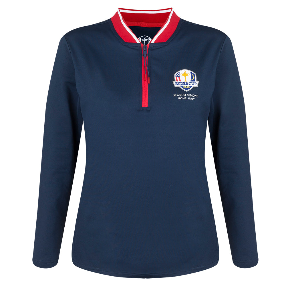 Official 2023 Ryder Cup USA Fanwear Women&#39;s Navy 1/4 Zip Mid Layer Front