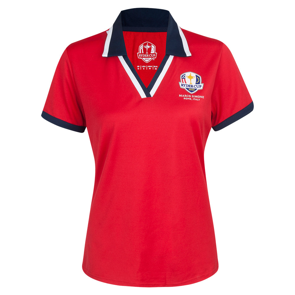 Official 2023 Ryder Cup USA Fanwear Women&#39;s Red V-Neck Polo Shirt Front