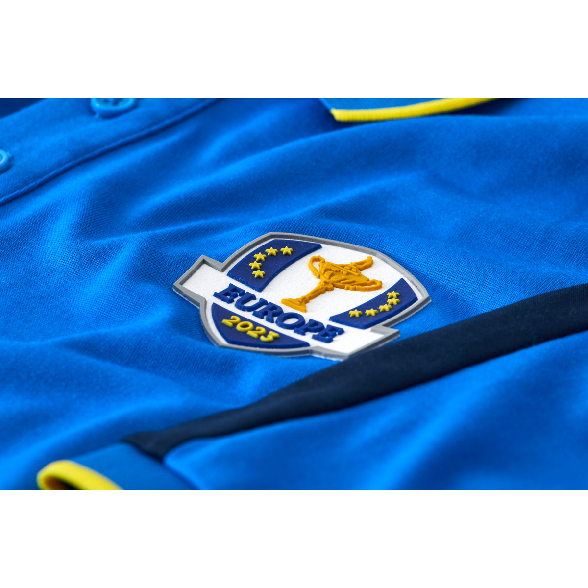 2023 Ryder Cup Official European Fanwear Men&#39;s Royal Blue/Navy Polo Shirt Badge Close-up