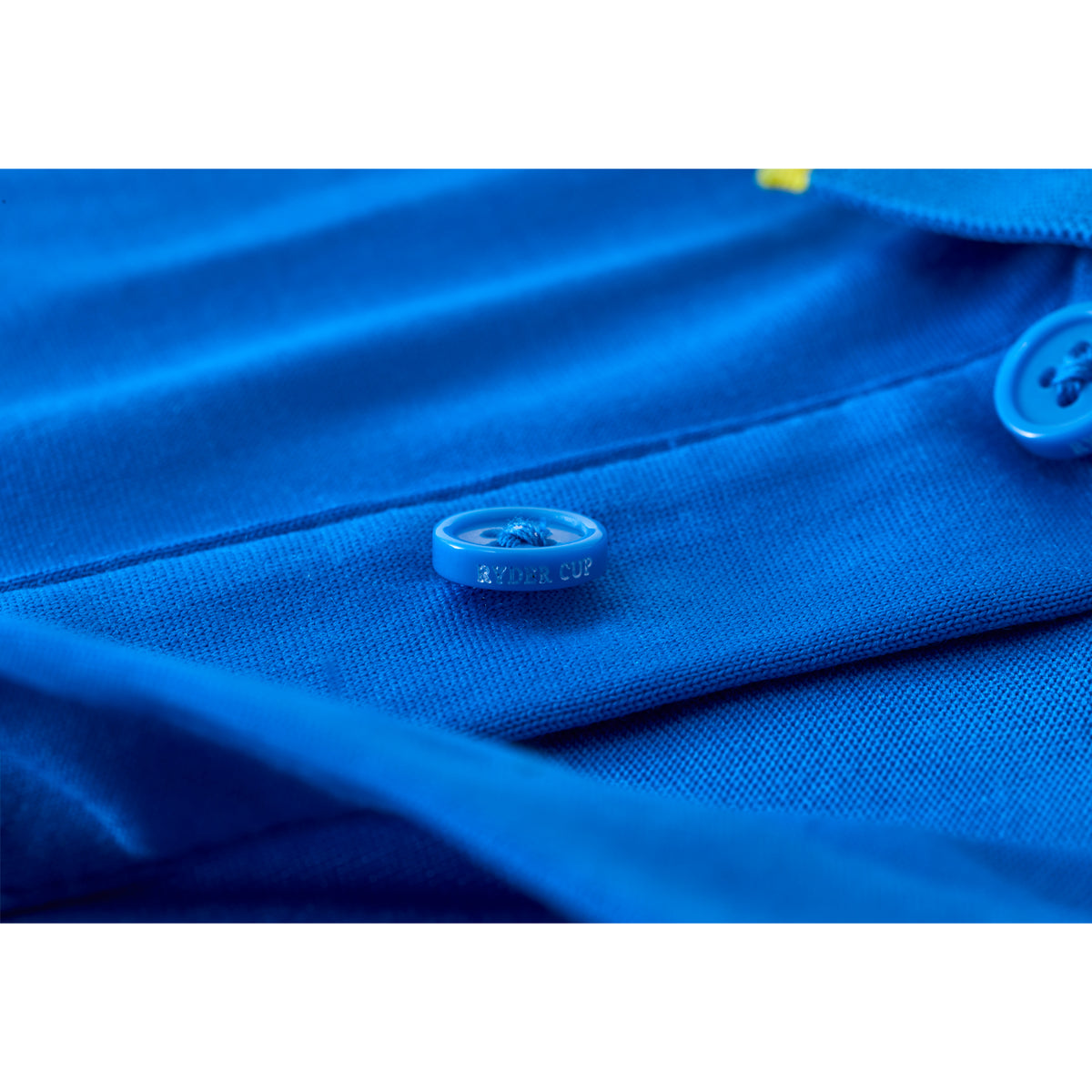 2023 Ryder Cup Official European Fanwear Men&#39;s Royal Blue/Navy Polo Shirt Button Close-up