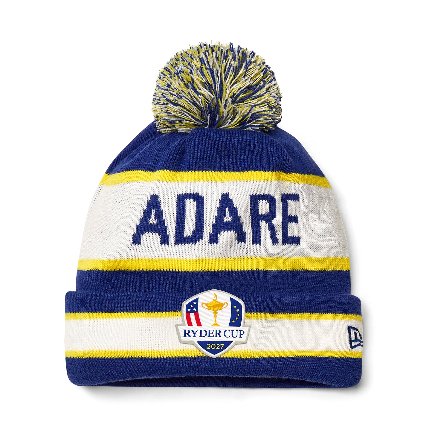 2027 Ryder Cup New Era Text Bobble Hat Blue/Yellow Beanie