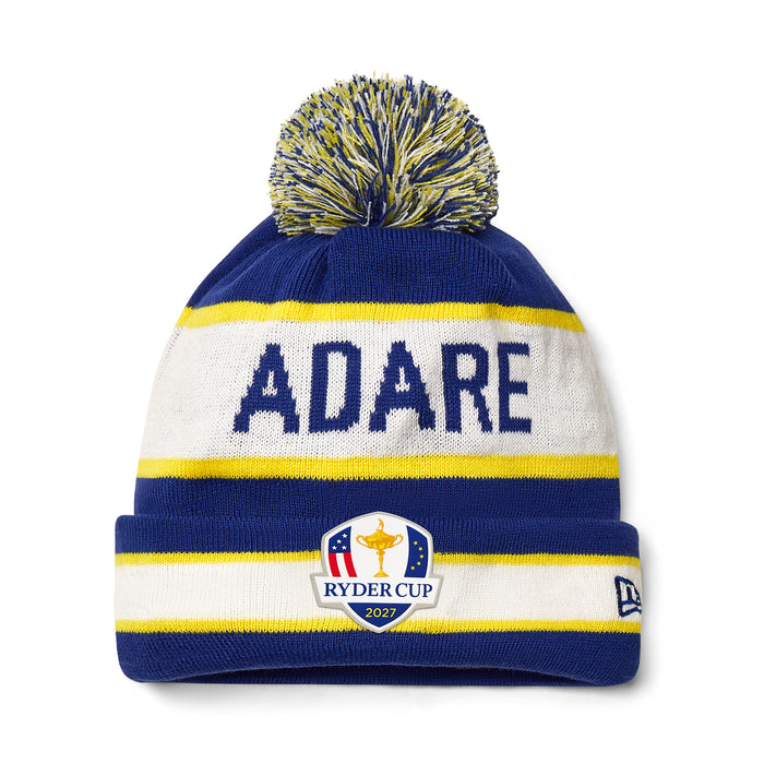 2027 Ryder Cup New Era Text Bobble Hat Blue/Yellow Beanie