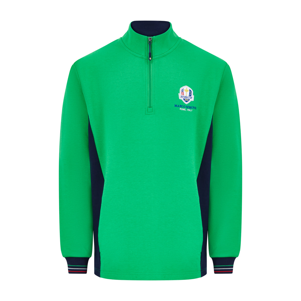 Official 2023 Ryder Cup Rome Collection Men&#39;s Green Contrast Panel 1/4 Zip Mid Layer - Front