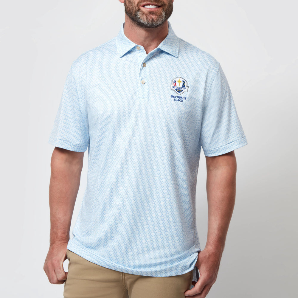 2025 Ryder Cup Peter Millar Men's Blue Corkscrew Print Polo Shirt Model