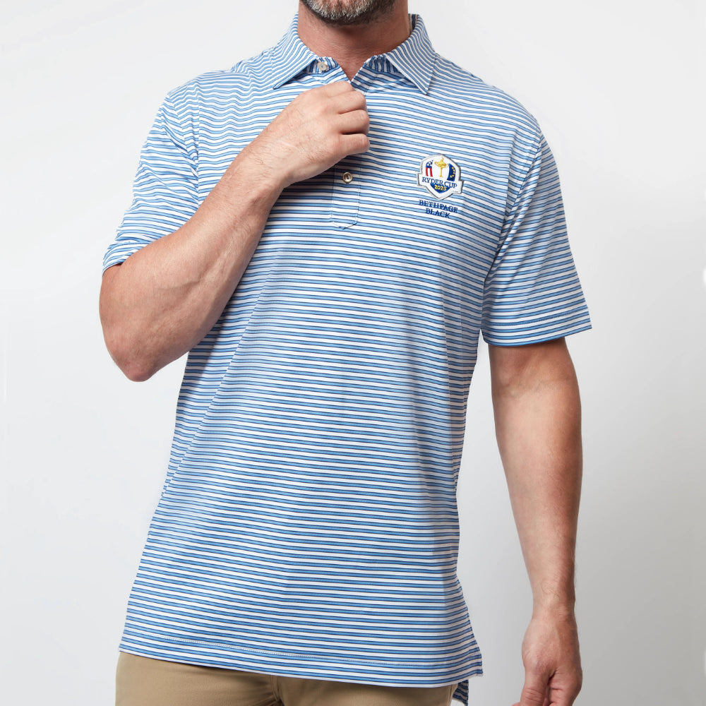 2025 Ryder Cup Peter Millar Men's Blue Hogan Striped Polo Shirt Model