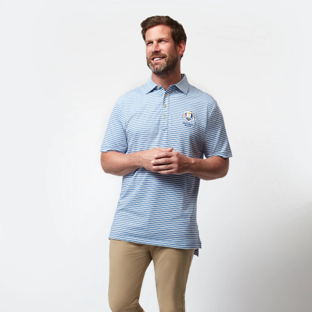 2025 Ryder Cup Peter Millar Men's Blue Hogan Striped Polo Shirt Model