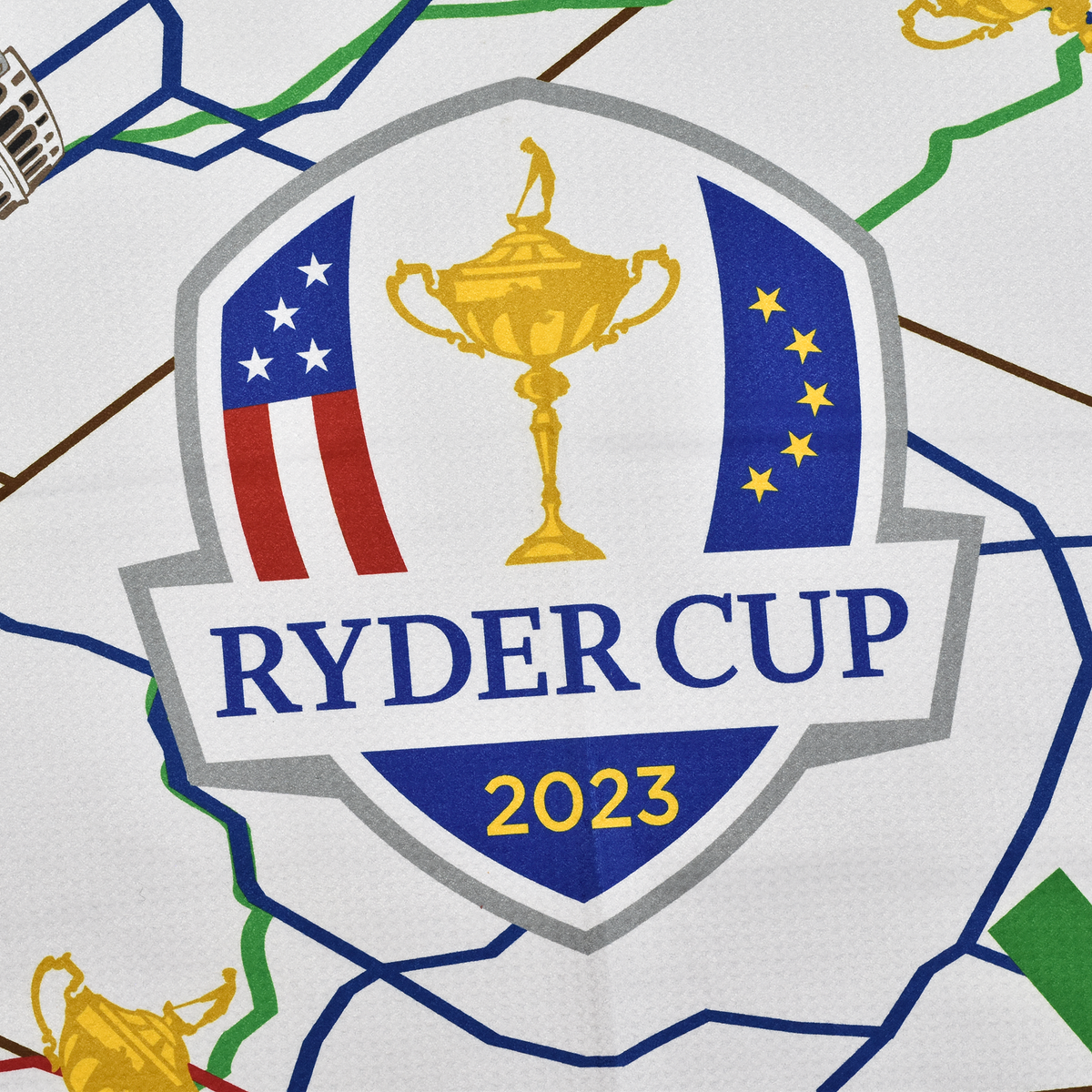 2023 Ryder Cup PRG All Roads Lead To Rome Aqua Caddy Towel Badge Close-up