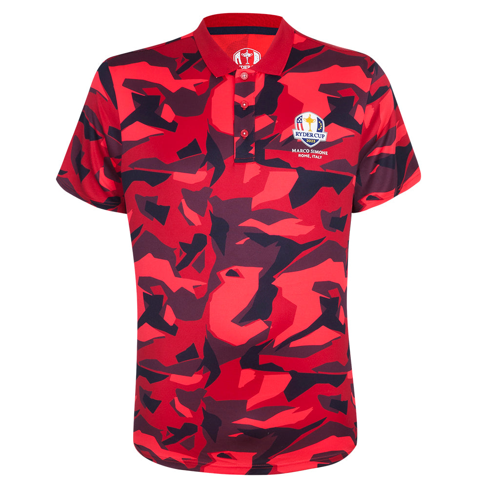 Official 2023 Ryder Cup USA Fanwear Men's Red Camo Polo Shirt Front