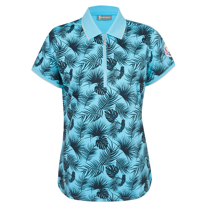 2027 Ryder Cup Glenmuir Women's Blue Tropical Print Zipped Polo Shirt
