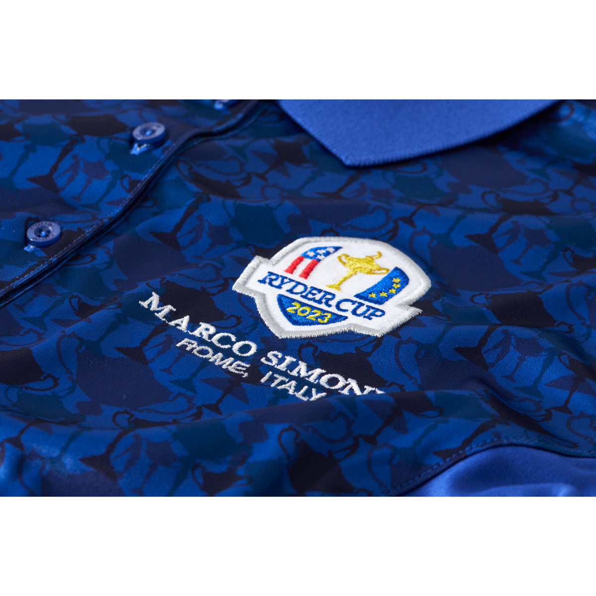 2023 Ryder Cup Rome Collection Women&#39;s Trophy Print Royal Blue Polo Shirt - Badge Close-up