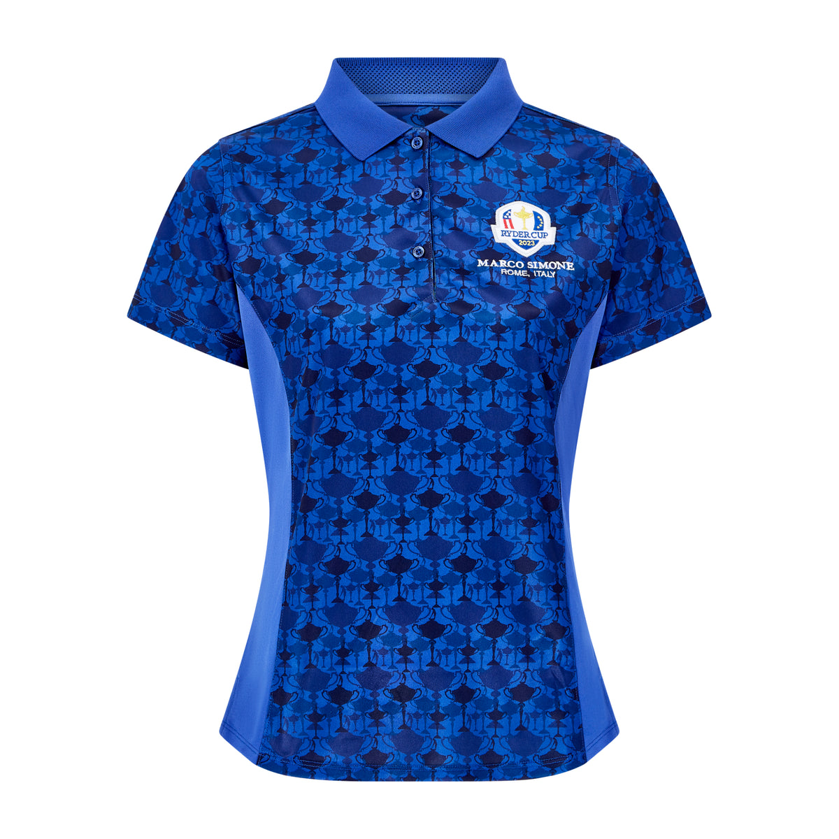 2023 Ryder Cup Rome Collection Women&#39;s Trophy Print Royal Blue Polo Shirt - Front