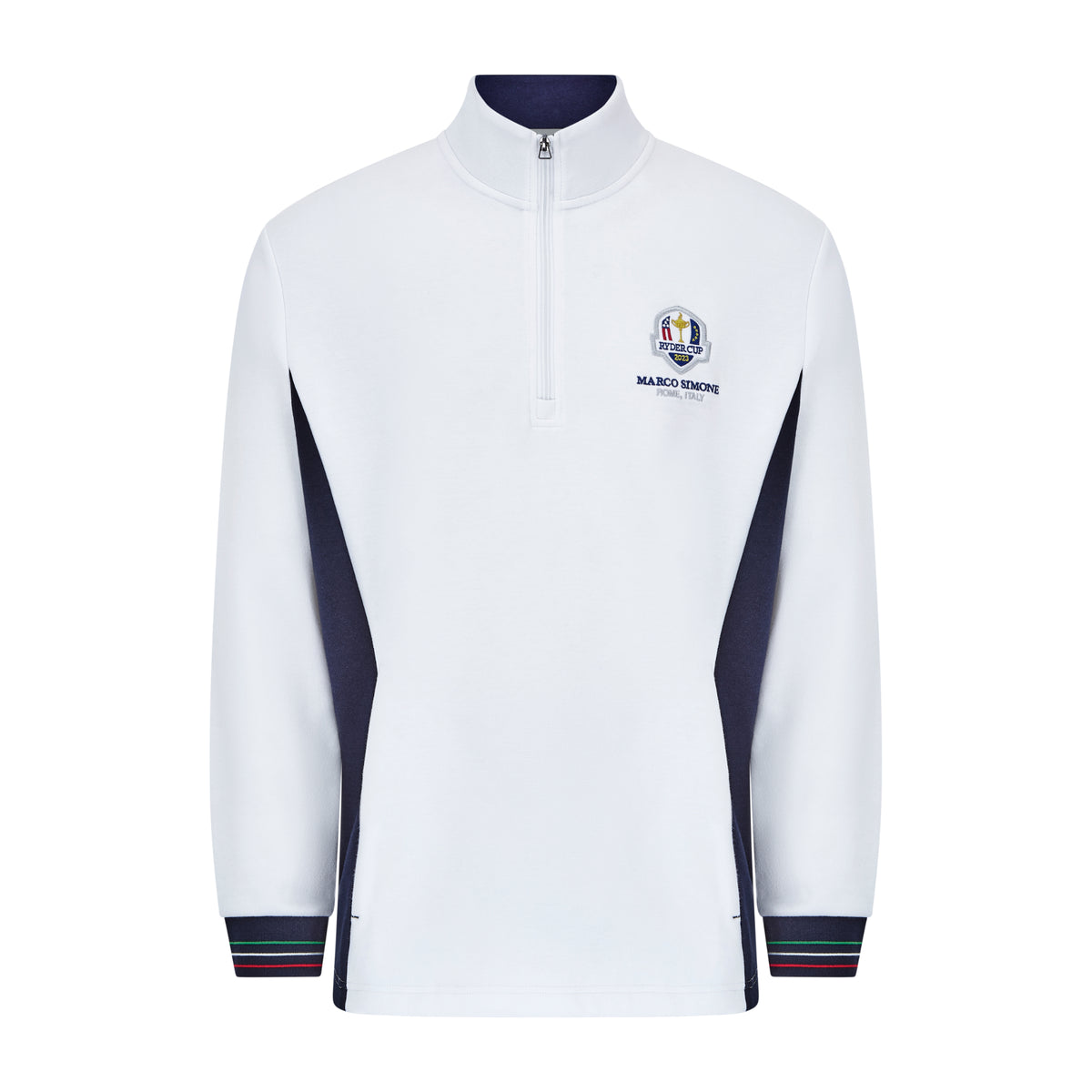 Official 2023 Ryder Cup Rome Collection Men&#39;s White Contrast Panel 1/4 Zip Mid Layer Front