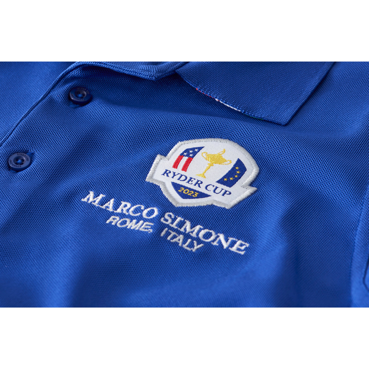 2023 Ryder Cup Rome Collection Youth Royal Blue Polo Shirt - Badge Close-up