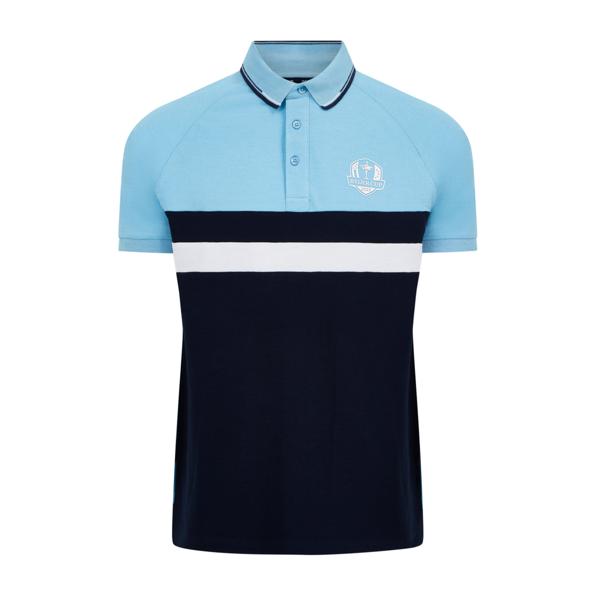 Official 2023 Ryder Cup Men&#39;s Sky Blue/Navy Block Polo - Front