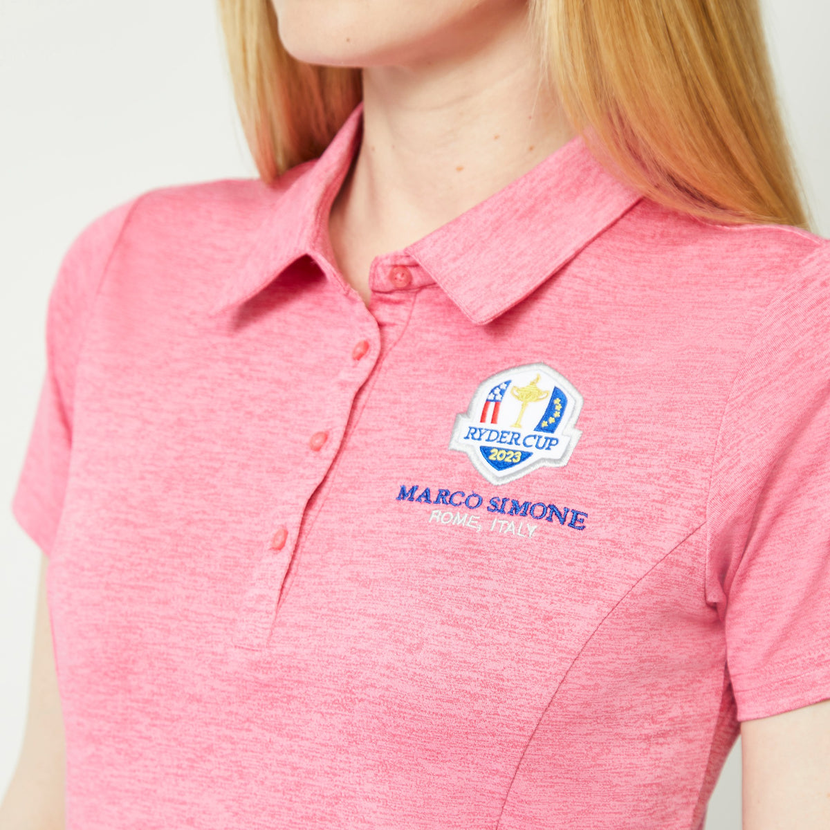 2023 Ryder Cup Women&#39;s Pink Polo - Model Close-up