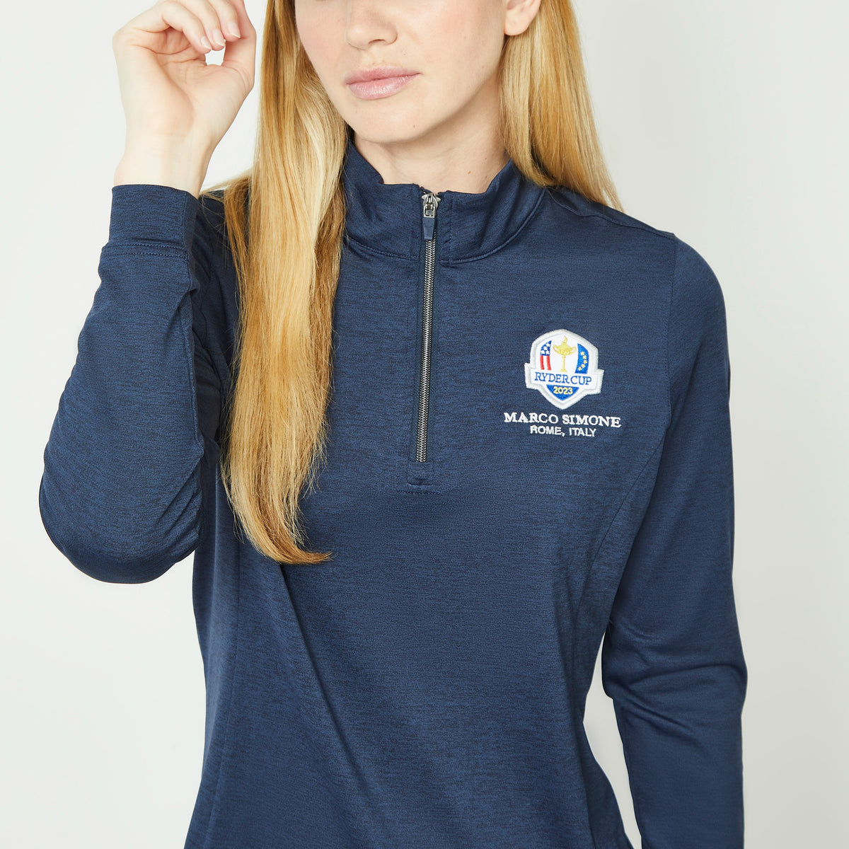 2023 Ryder Cup Women&#39;s Navy 1/4 Zip Mid Layer - Model Close-up