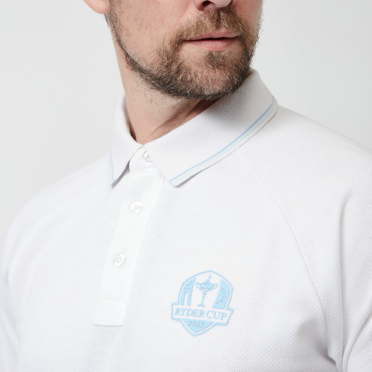 2023 Ryder Cup Men&#39;s White Polo Shirt - Model Close-up