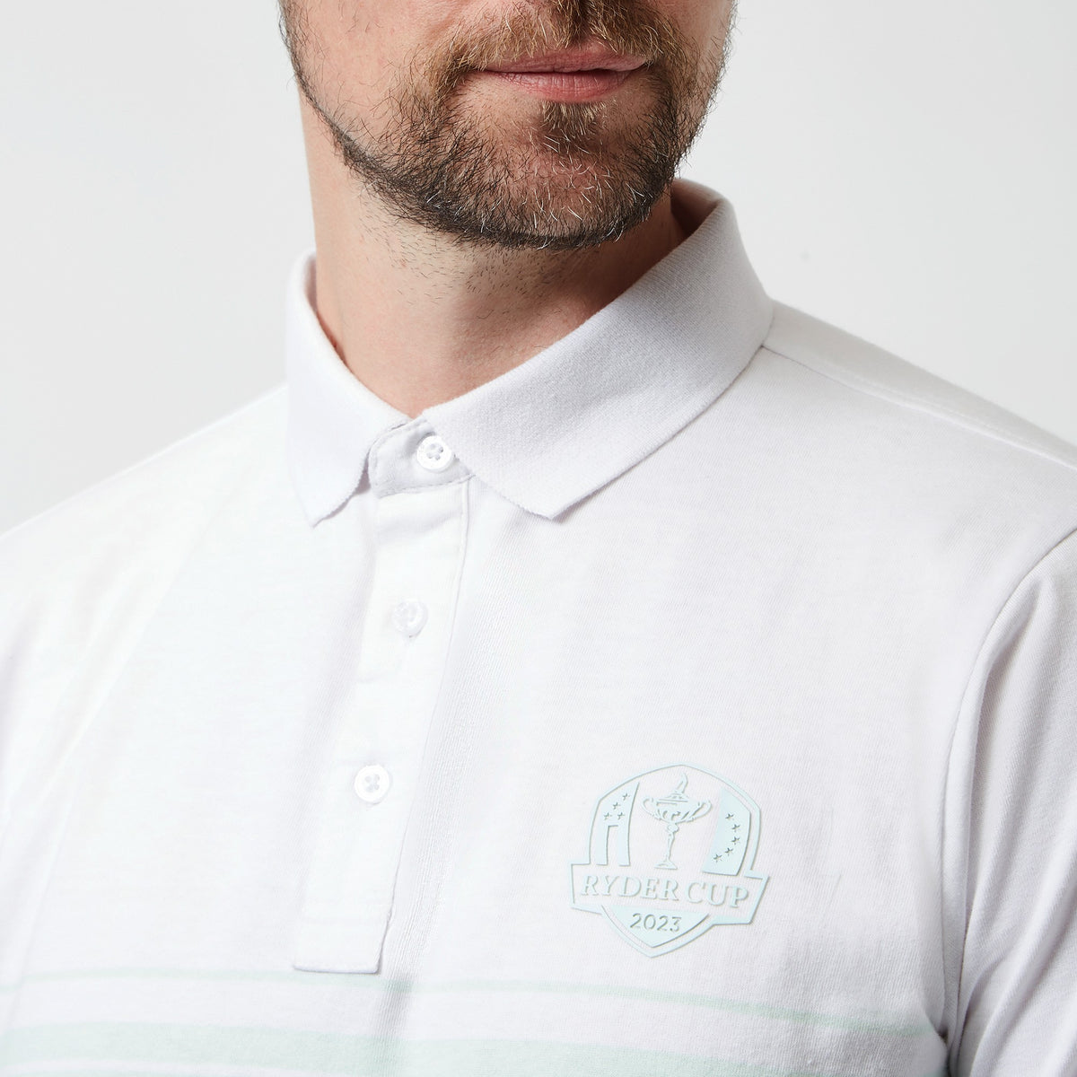 Official 2023 Ryder Cup Men&#39;s White/Mint Green Stripe Polo - Model Close-up
