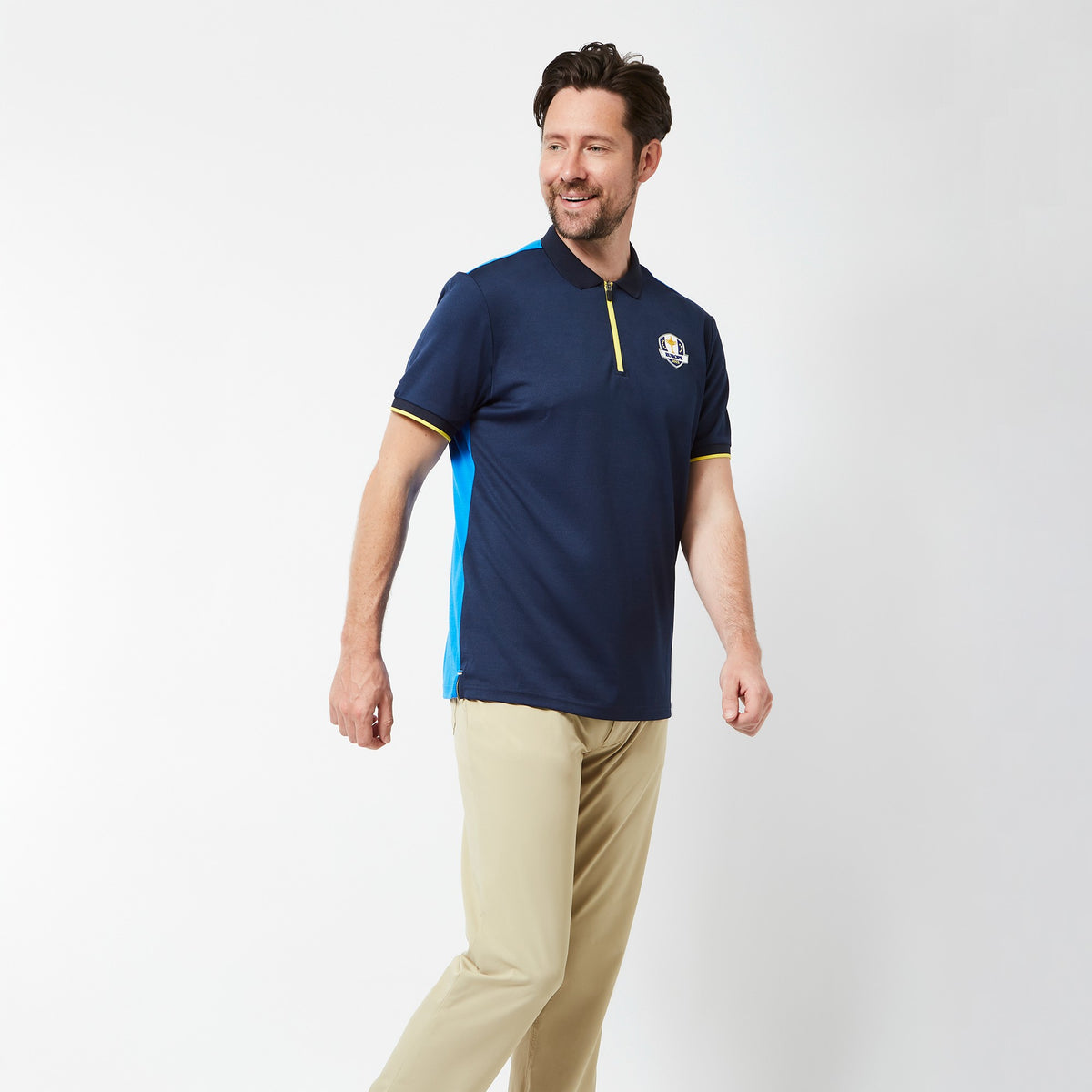 2023 Ryder Cup Official European Fanwear Men&#39;s Navy Zipped Polo Shirt Model Front