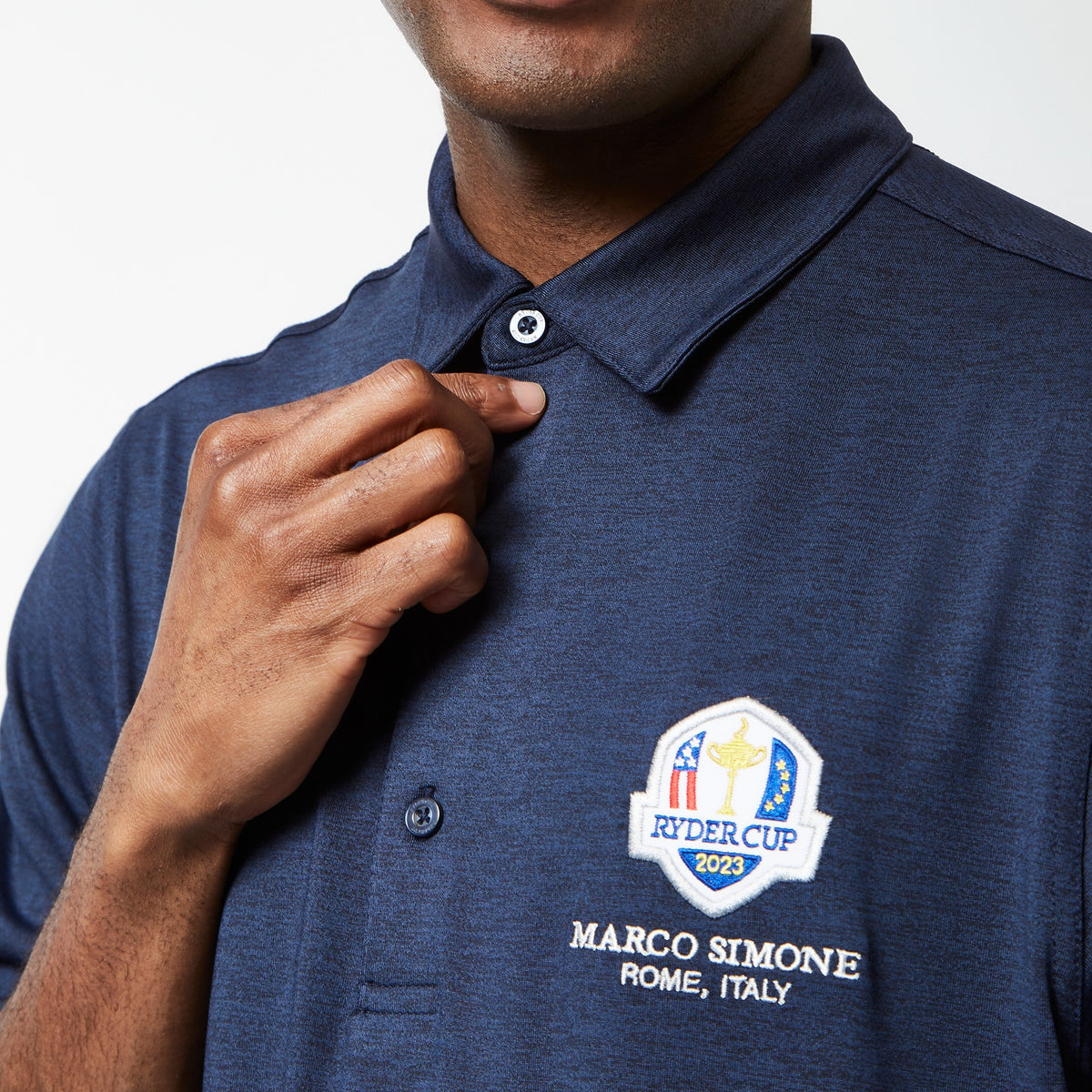 2023 Ryder Cup Men&#39;s Navy Marl Polo - Model Close-up