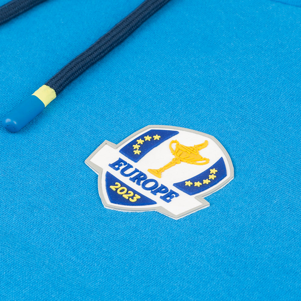 2023 Ryder Cup Official European Fanwear Men&#39;s Royal Blue Hoodie Badge Close-up