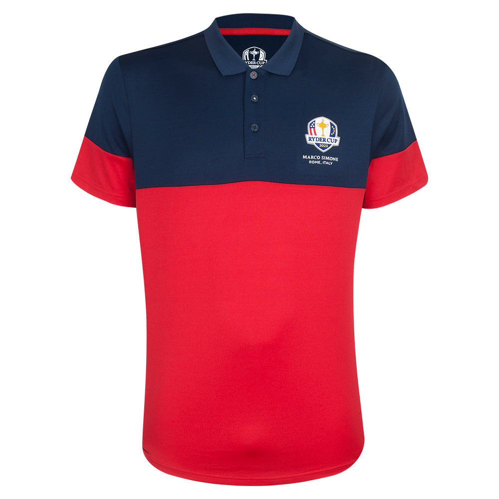 Official 2023 Ryder Cup USA Fanwear Men's Navy/Red Polo Shirt Front