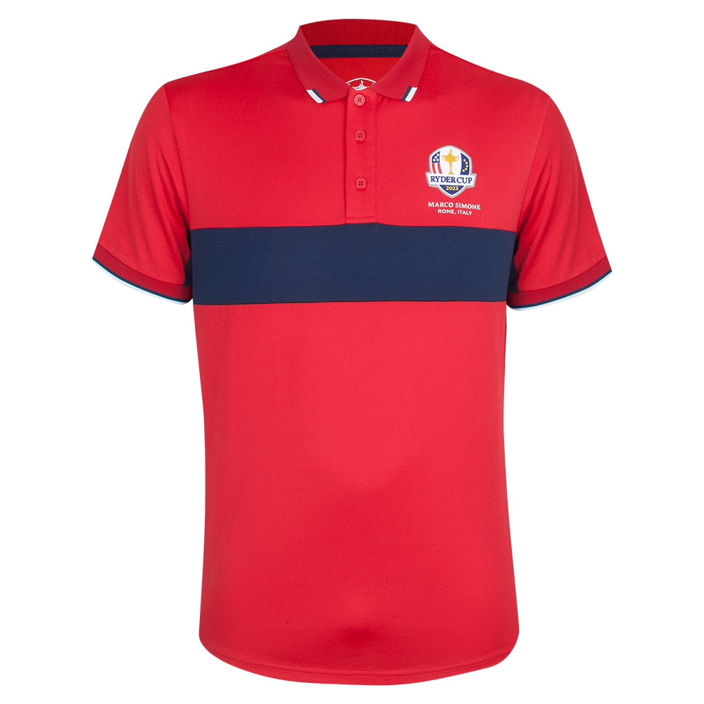 Official 2023 Ryder Cup USA Fanwear Men&#39;s Red Tipped Polo Shirt Front