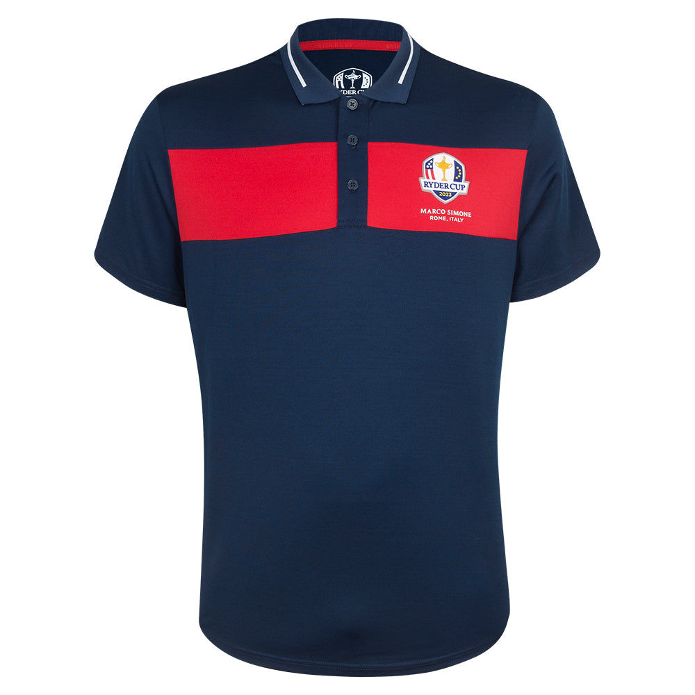 Official 2023 Ryder Cup USA Fanwear Men's Navy Panel Polo Shirt Front