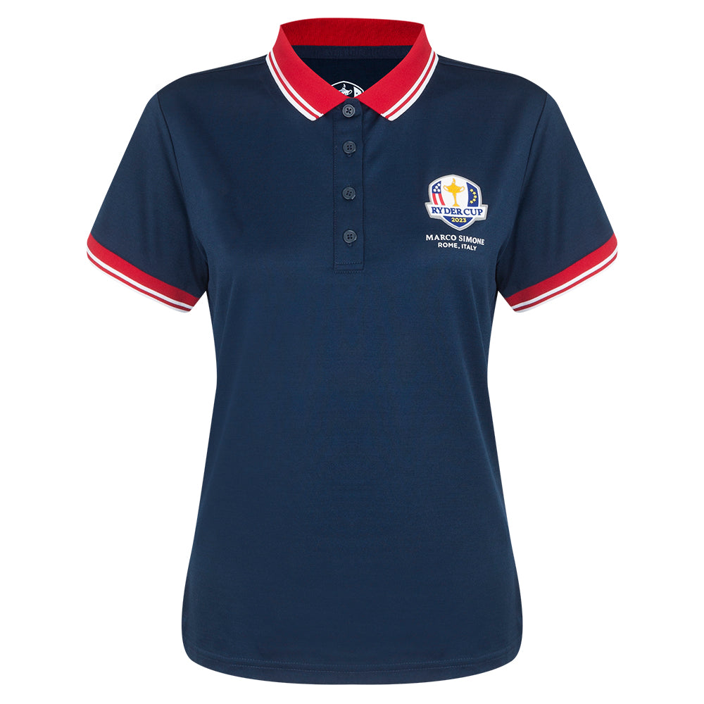Official 2023 Ryder Cup USA Fanwear Women's Navy Polo Shirt Front