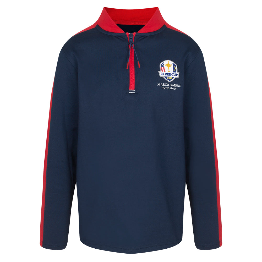 Official 2023 Ryder Cup USA Fanwear Youth Navy 1/4 Zip Mid Layer Front