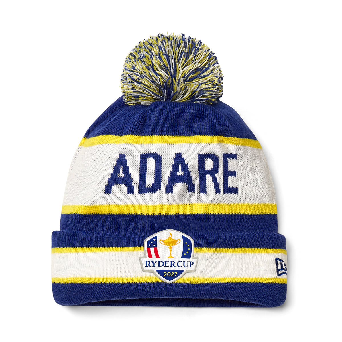 2027 Ryder Cup New Era Text Bobble Hat Blue/Yellow Beanie