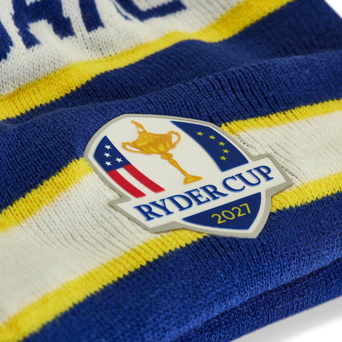 2027 Ryder Cup New Era Text Bobble Hat Blue/Yellow Beanie