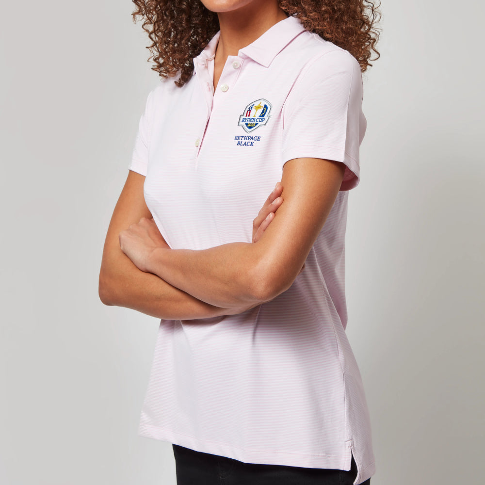 2025 Ryder Cup Peter Millar Women's Pink Polo Shirt Close-up Model Shot