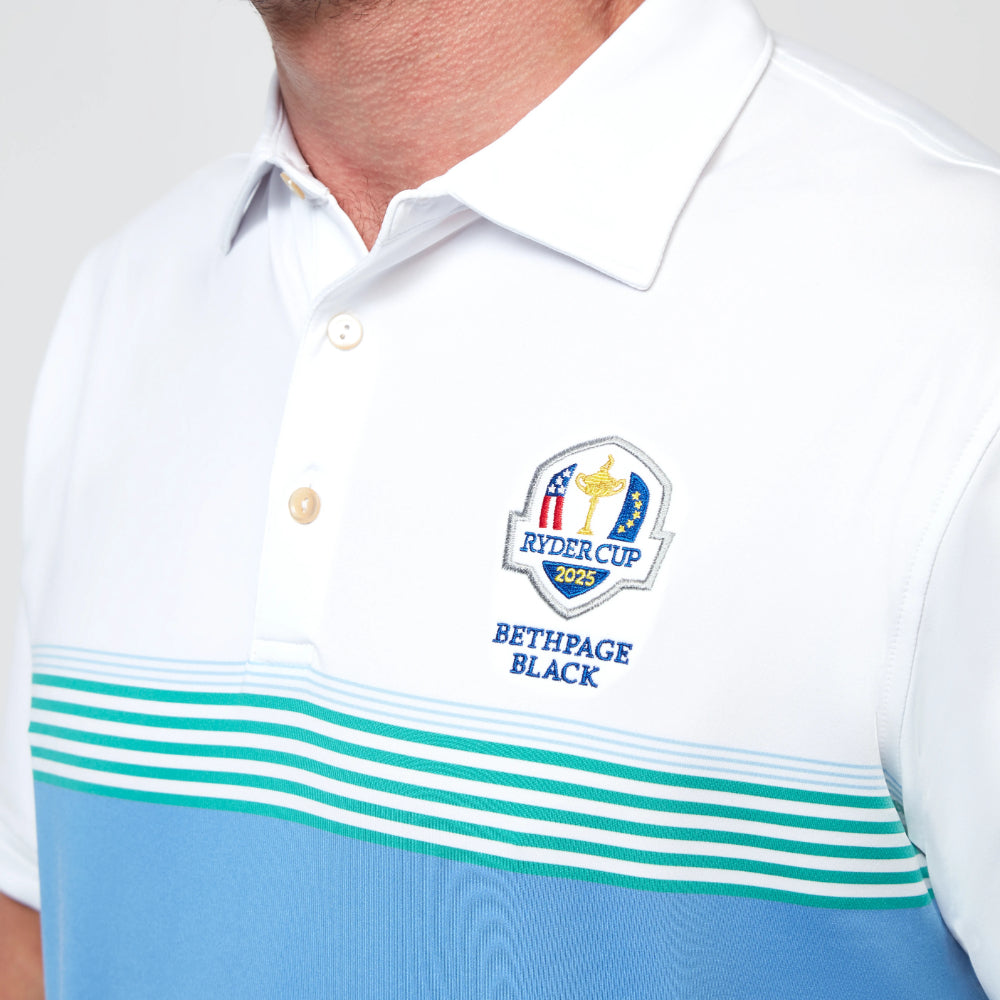2025 Ryder Cup Peter Millar Men's White Harris Polo Shirt Bade Close-up