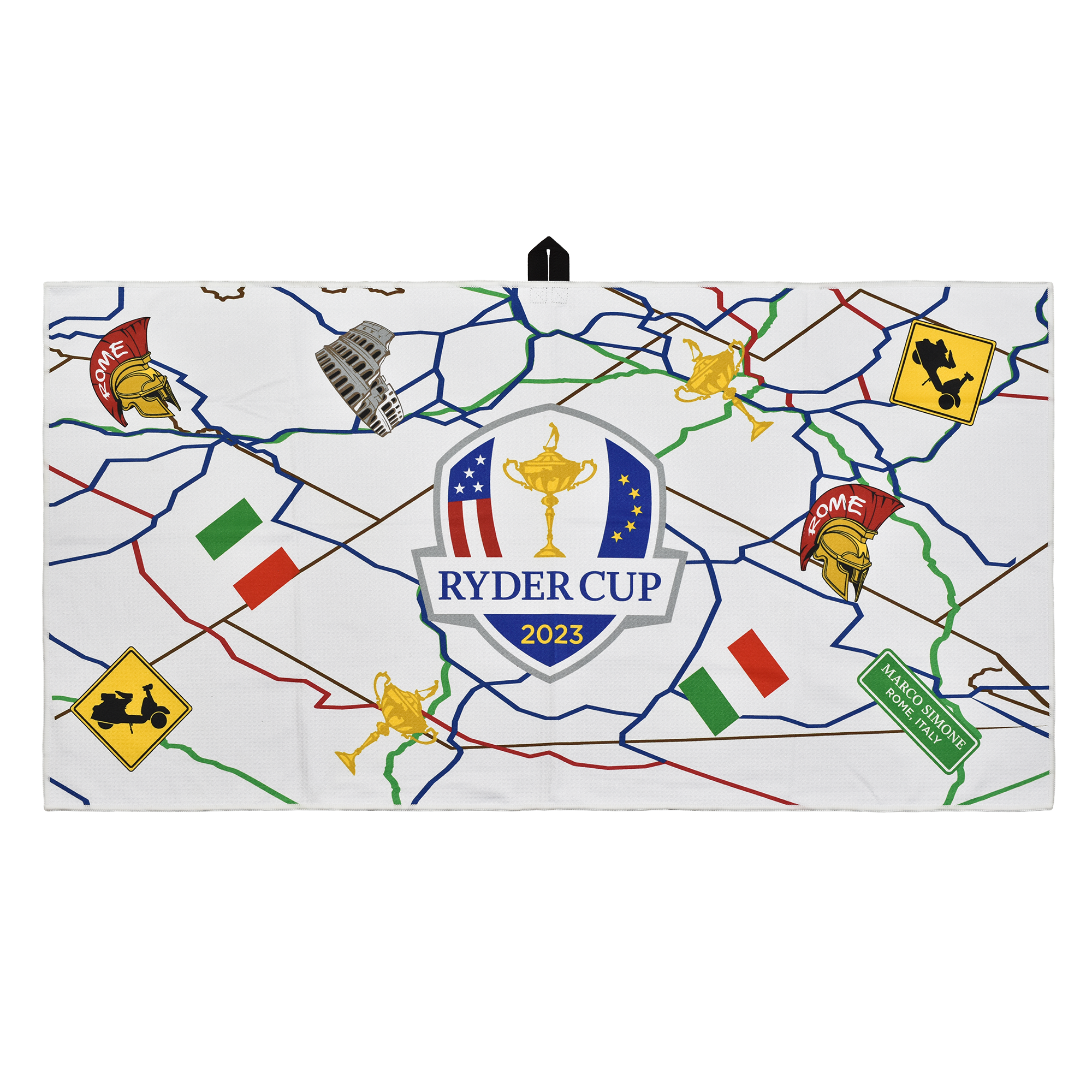2023 Ryder Cup PRG All Roads Lead To Rome Aqua Caddy Towel Front