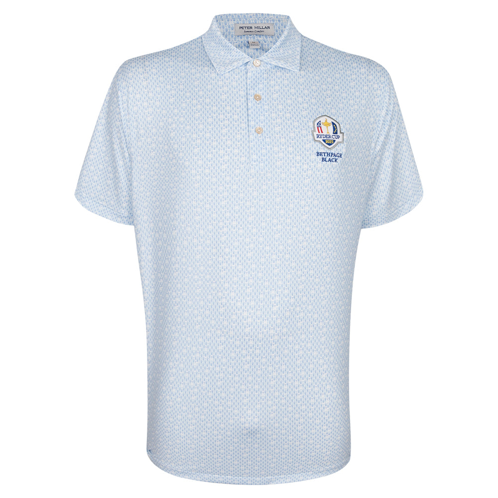 2025 Ryder Cup Peter Millar Men&#39;s Blue Corkscrew Print Polo Shirt Front