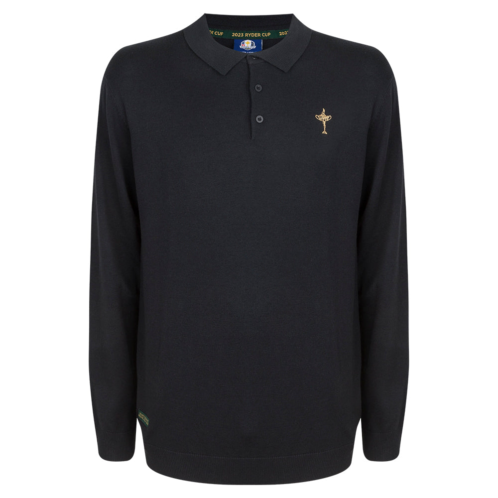 2023 Ryder Cup Men&#39;s Trophy Black Long Sleeve Polo Shirt Front