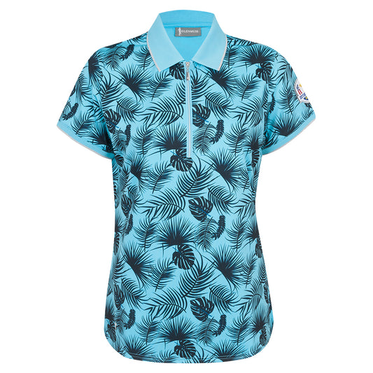 2027 Ryder Cup Glenmuir Women's Blue Tropical Print Zipped Polo Shirt