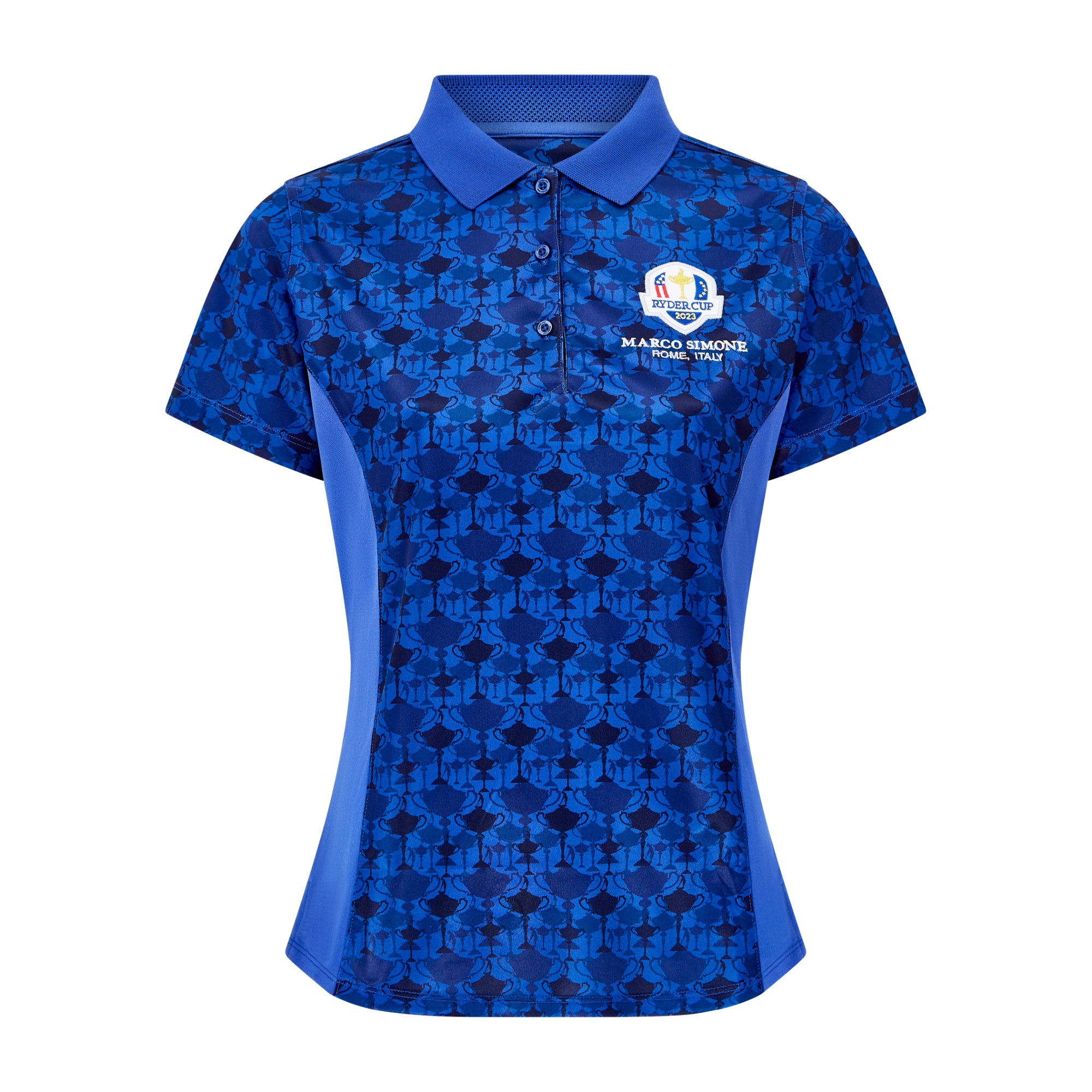 2023 Ryder Cup Rome Collection Women's Trophy Print Royal Blue Polo Shirt - Front