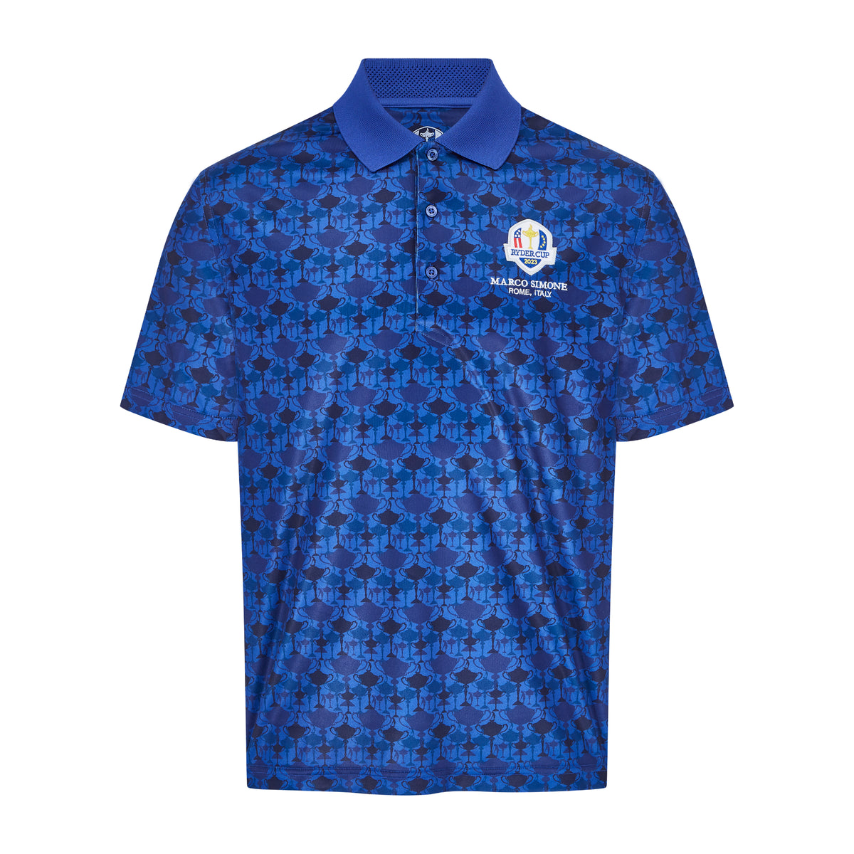 2023 Ryder Cup Rome Collection Men&#39;s Trophy Print Royal Blue Polo Shirt Front