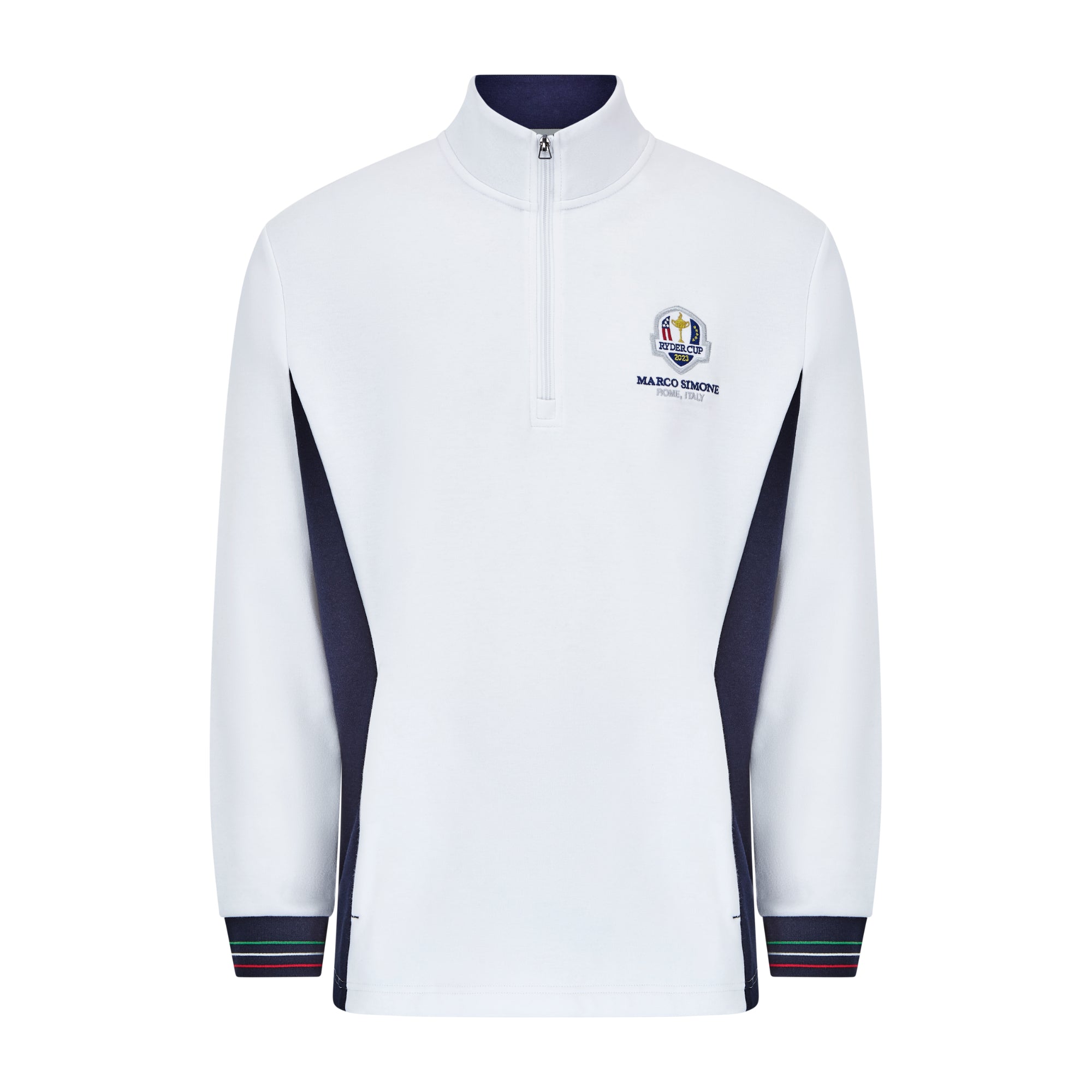 Official 2023 Ryder Cup Rome Collection Men's White Contrast Panel 1/4 Zip Mid Layer Front