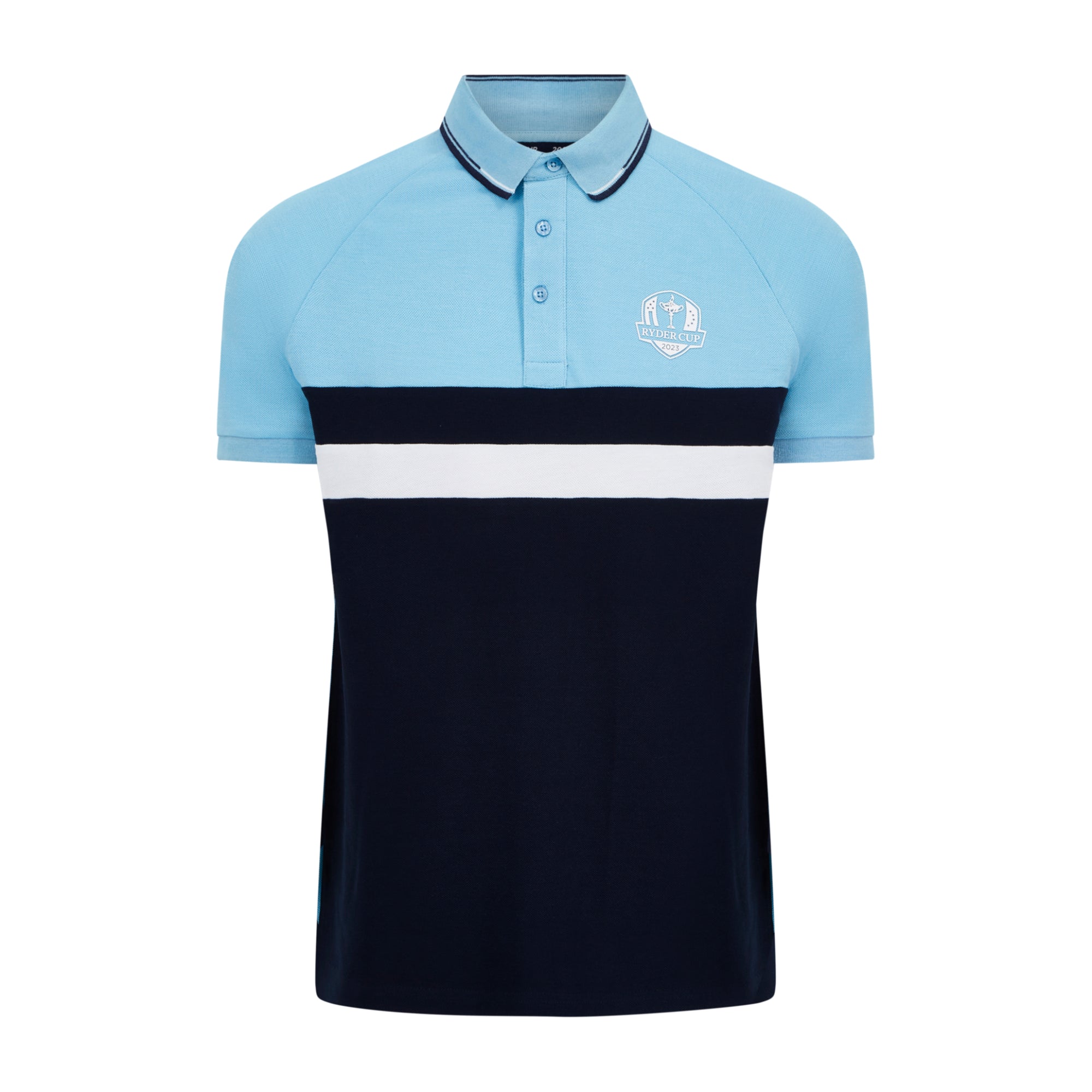 Official 2023 Ryder Cup Men's Sky Blue/Navy Block Polo - Front